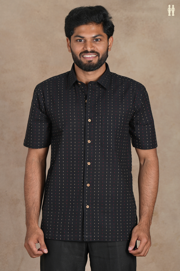 Regular Collar Threadwork Stripes Design Black Cotton Shirt