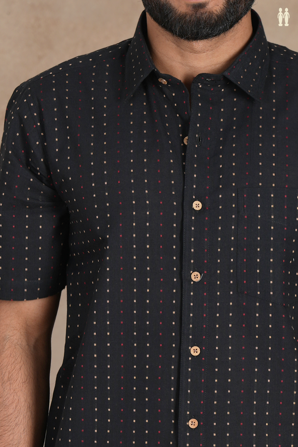 Regular Collar Threadwork Stripes Design Black Cotton Shirt