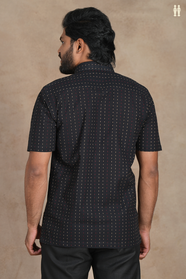 Regular Collar Threadwork Stripes Design Black Cotton Shirt