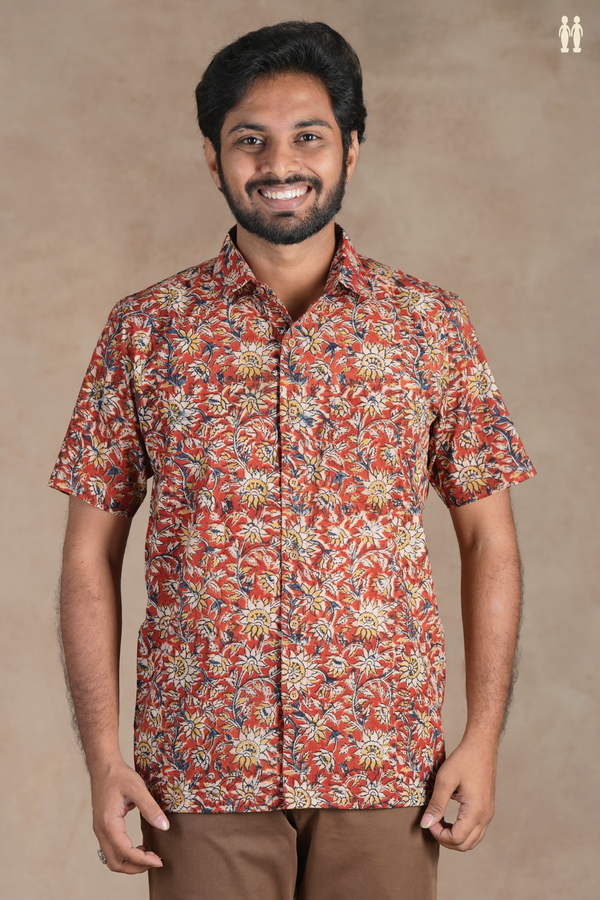 Regular Collar Floral Design Rust Red Cotton Shirt