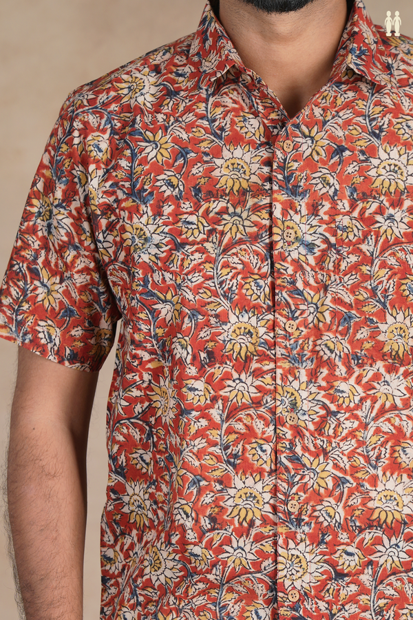 Regular Collar Floral Design Rust Red Cotton Shirt