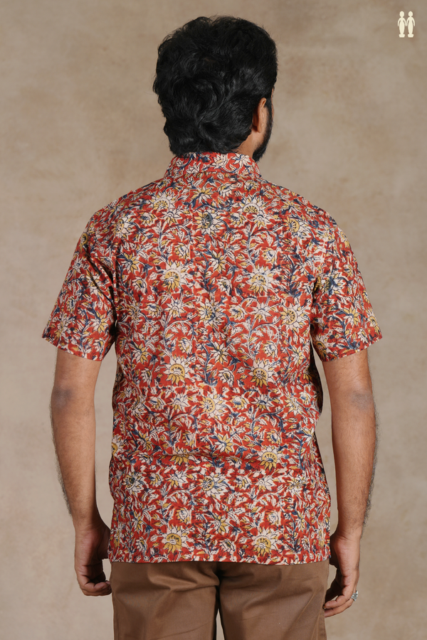 Regular Collar Floral Design Rust Red Cotton Shirt