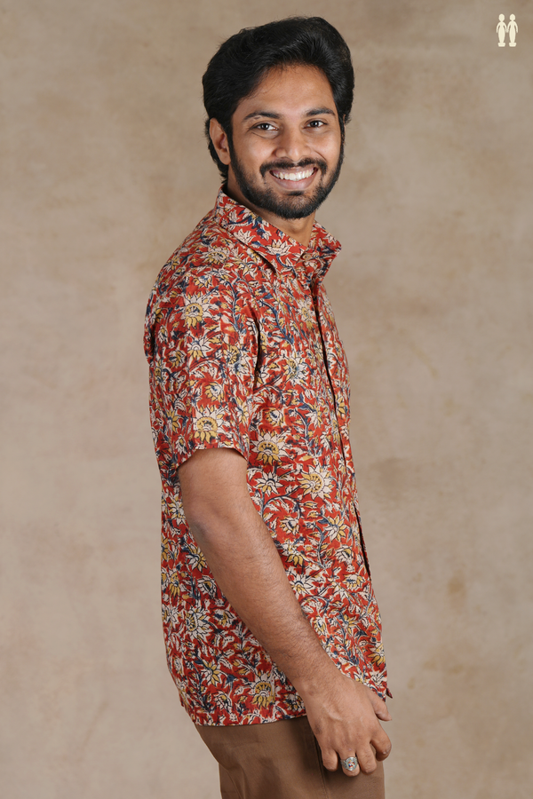 Regular Collar Floral Design Rust Red Cotton Shirt