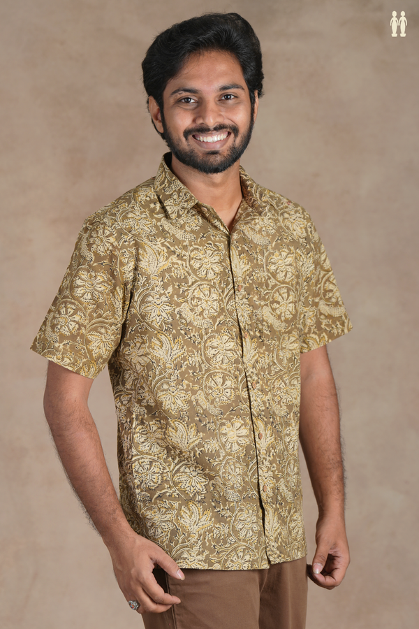 Regular Collar Floral Design Olive Green Cotton Shirt