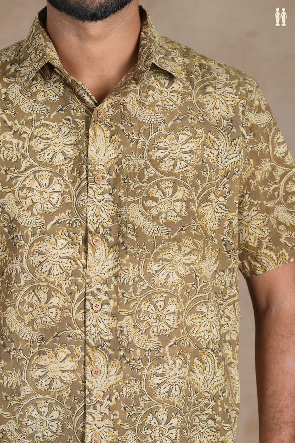 Regular Collar Floral Design Mehendi Green Cotton Shirt