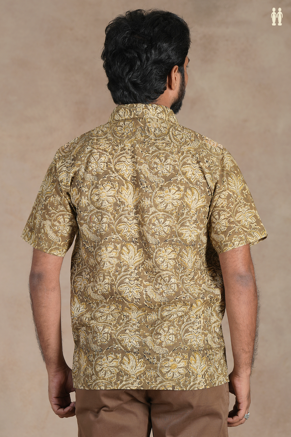 Regular Collar Floral Design Mehendi Green Cotton Shirt