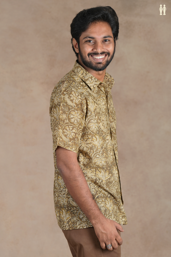 Regular Collar Floral Design Olive Green Cotton Shirt