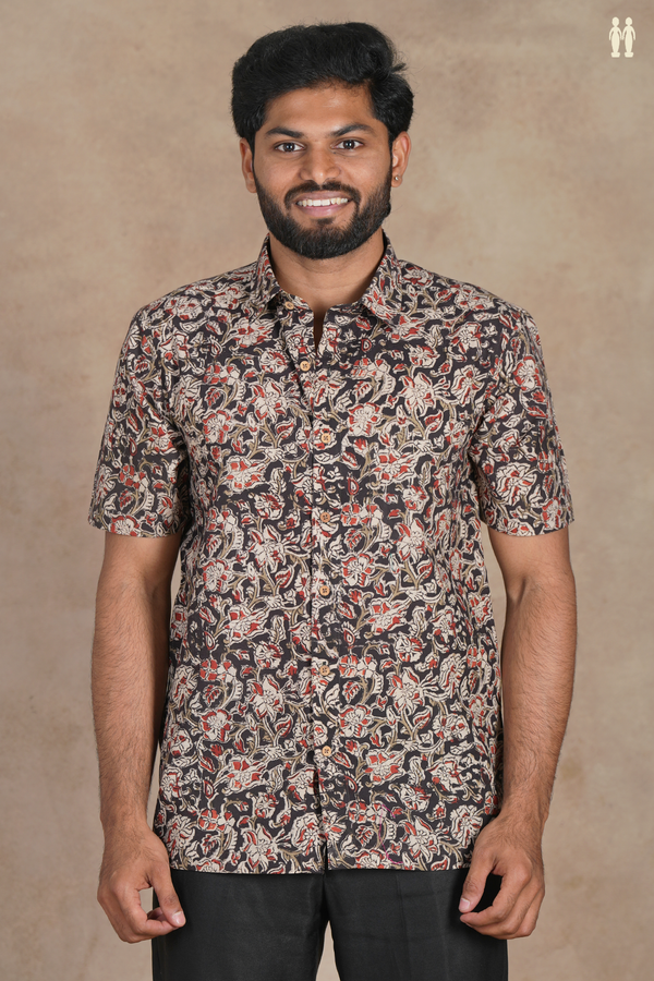 Regular Collar Floral Design Black Cotton Shirt