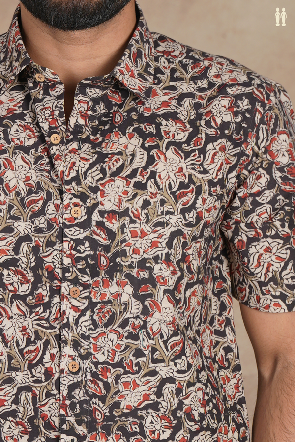 Regular Collar Floral Design Black Cotton Shirt