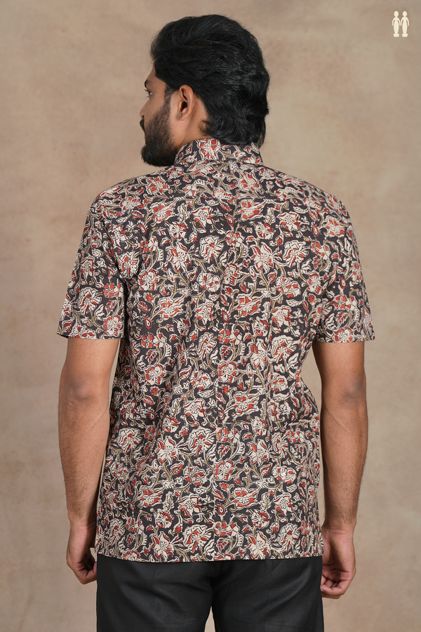 Regular Collar Floral Design Black Cotton Shirt