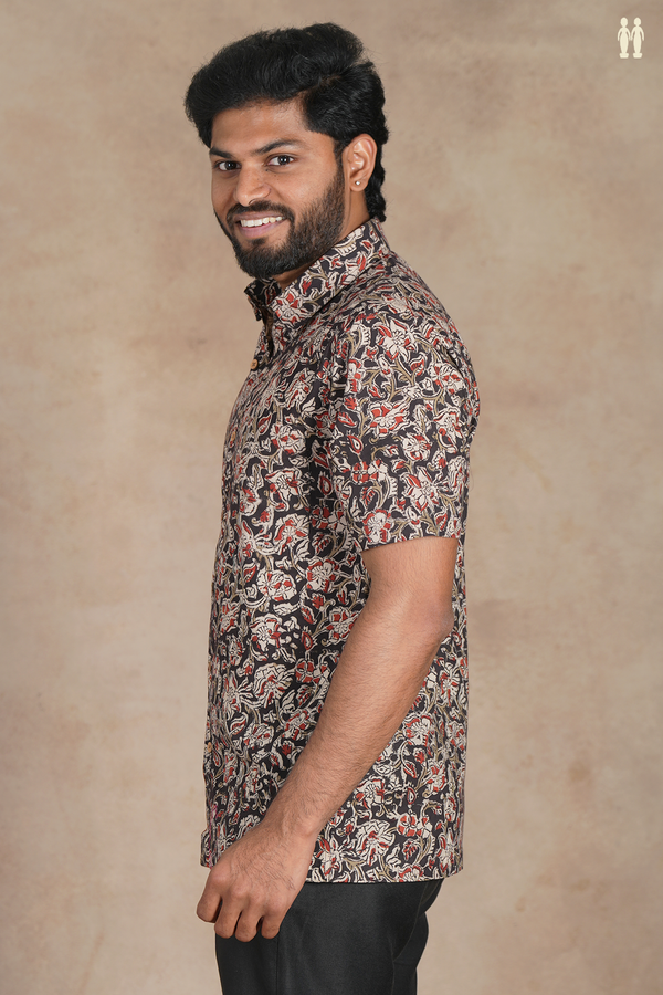Regular Collar Floral Design Black Cotton Shirt