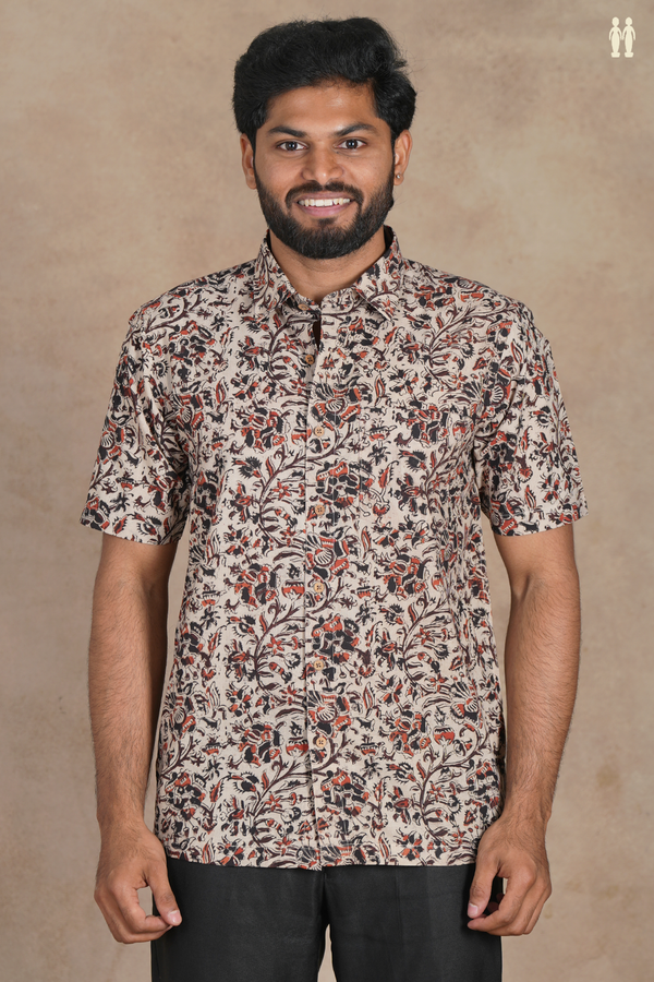 Regular Collar Floral Design Beige Cotton Shirt