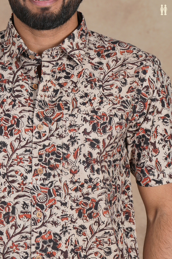 Regular Collar Floral Design Beige Cotton Shirt