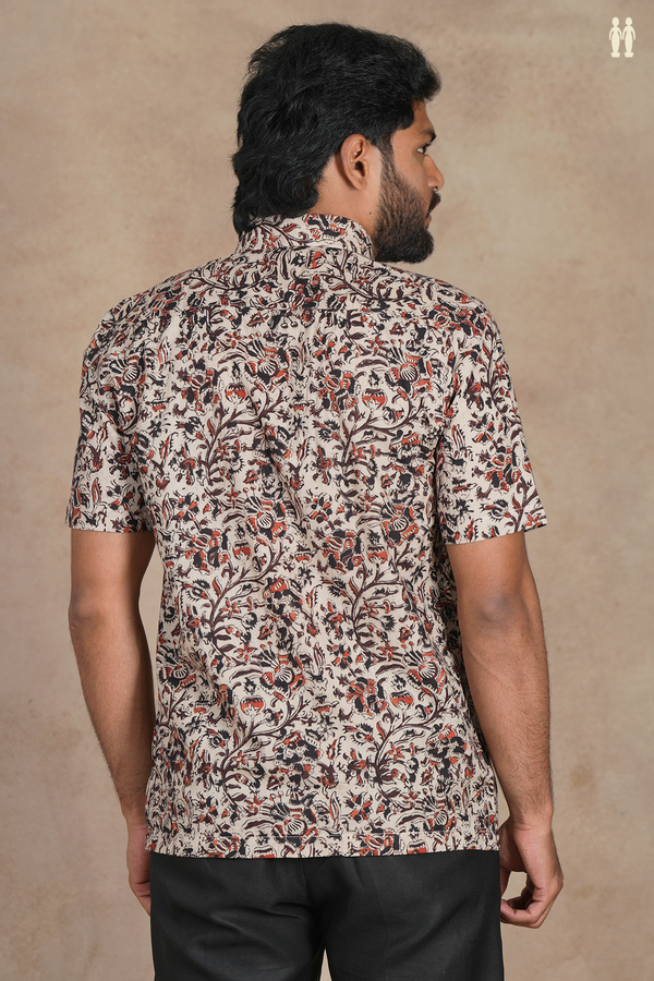 Regular Collar Floral Design Beige Cotton Shirt