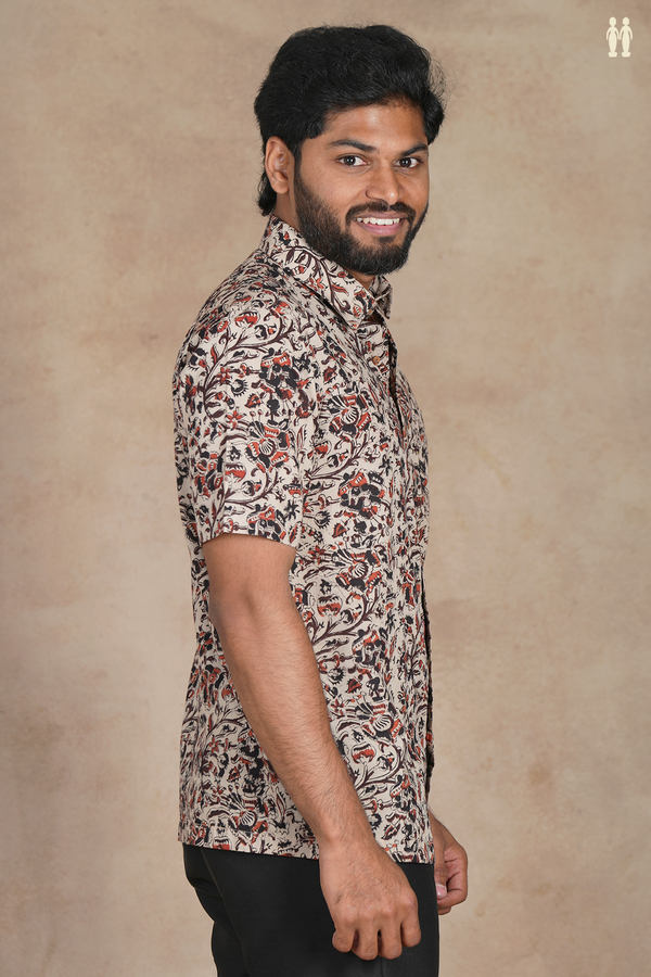 Regular Collar Floral Design Beige Cotton Shirt