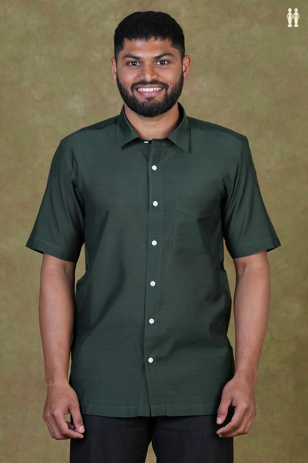 Regular Collar Plain Forest Green Raw Silk Shirt