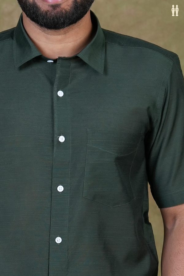 Regular Collar Plain Forest Green Raw Silk Shirt