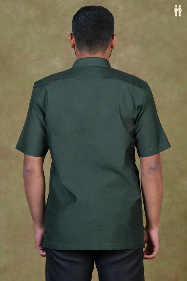 Regular Collar Plain Forest Green Raw Silk Shirt
