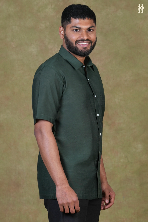 Regular Collar Plain Forest Green Raw Silk Shirt