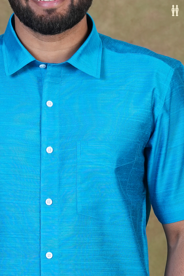 Regular Collar Plain Blue Raw Silk Shirt
