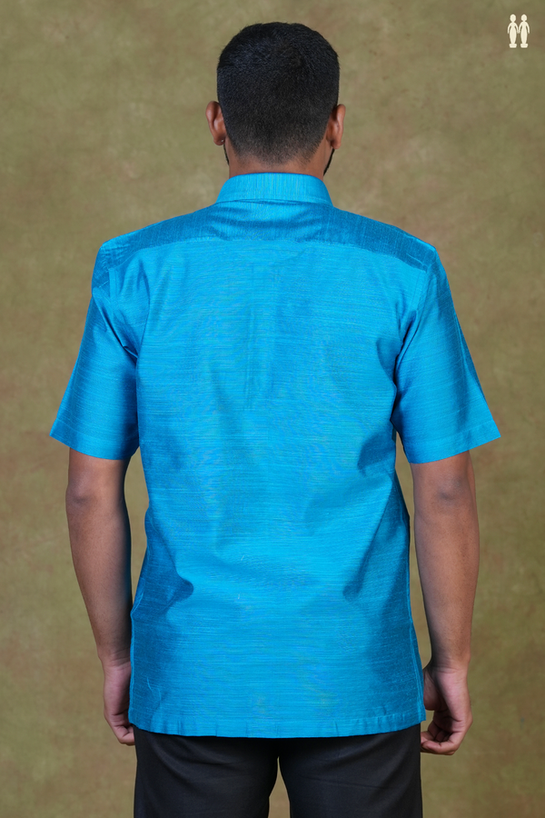 Regular Collar Plain Blue Raw Silk Shirt