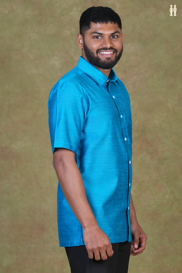 Regular Collar Plain Blue Raw Silk Shirt