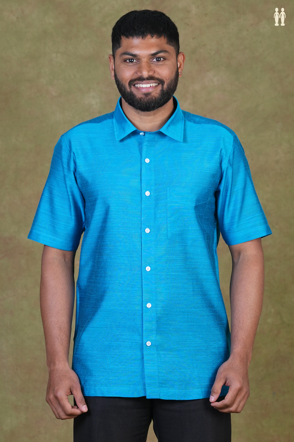 Regular Collar Plain Blue Raw Silk Shirt