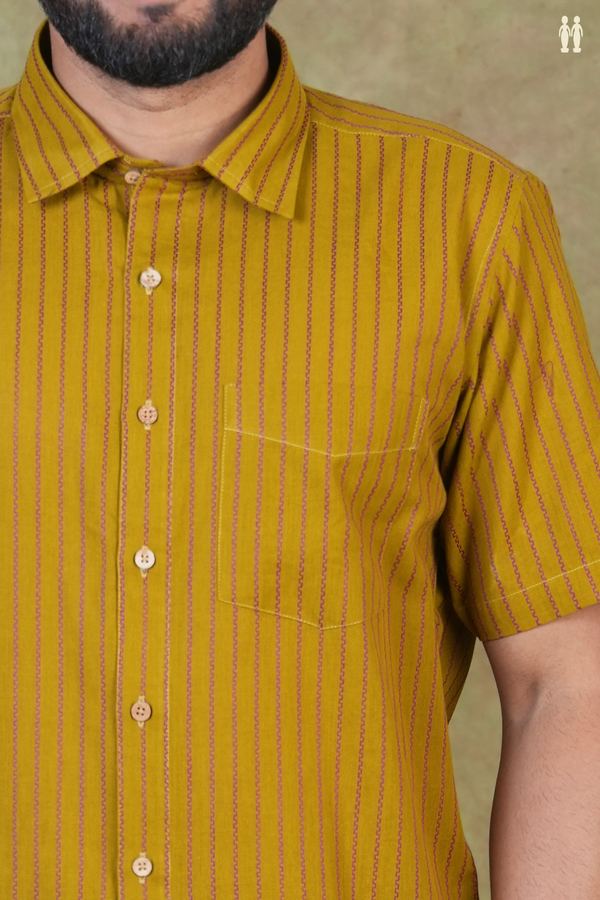 Regular Collar Stripes Design Golden Brown Cotton Shirt