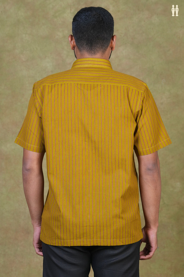 Regular Collar Stripes Design Golden Brown Cotton Shirt