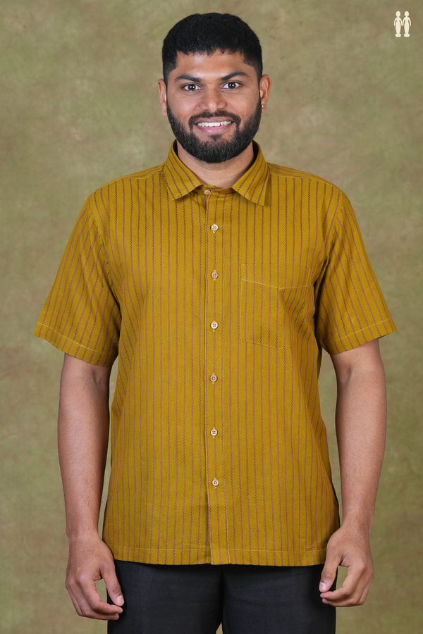 Regular Collar Stripes Design Golden Brown Cotton Shirt