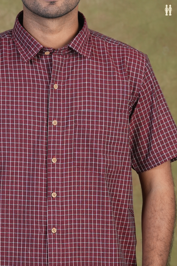 Regular Collar Checks Maroon Cotton Shirt