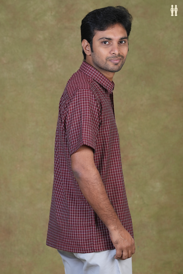 Regular Collar Checks Maroon Cotton Shirt