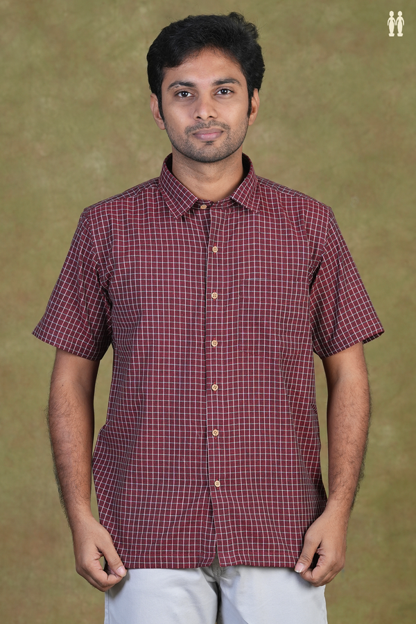 Regular Collar Checks Maroon Cotton Shirt