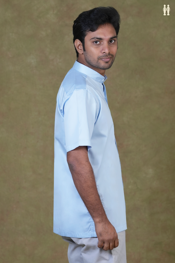Chinese Collar Plain Pastel Blue Silk Shirt
