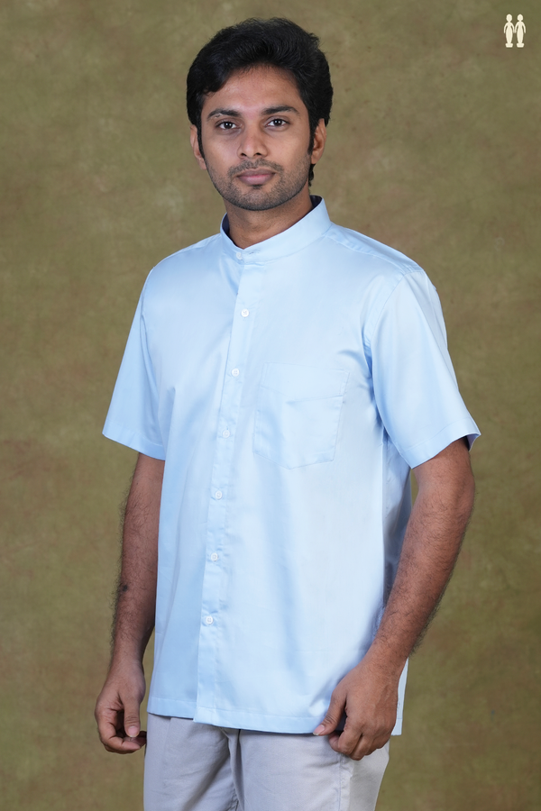 Chinese Collar Plain Pastel Blue Silk Shirt