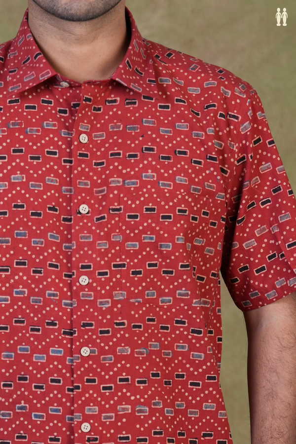 Regular Collar Printed Design Red Cotton Shirt