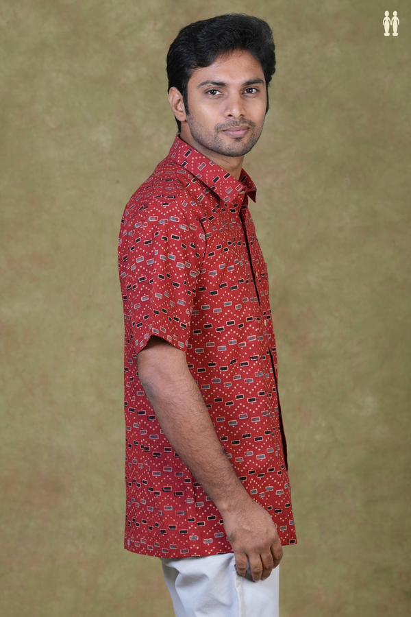 Regular Collar Printed Design Red Cotton Shirt