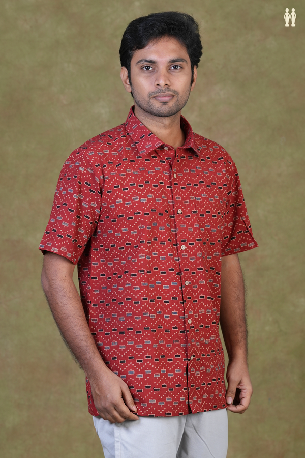 Regular Collar Printed Design Red Cotton Shirt