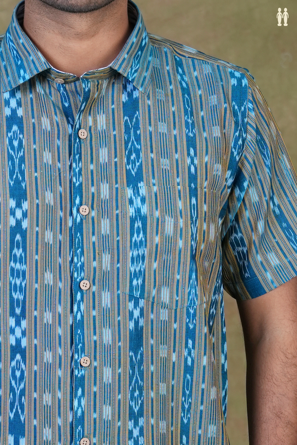 Regular Collar Ikat Design Blue Cotton Shirt