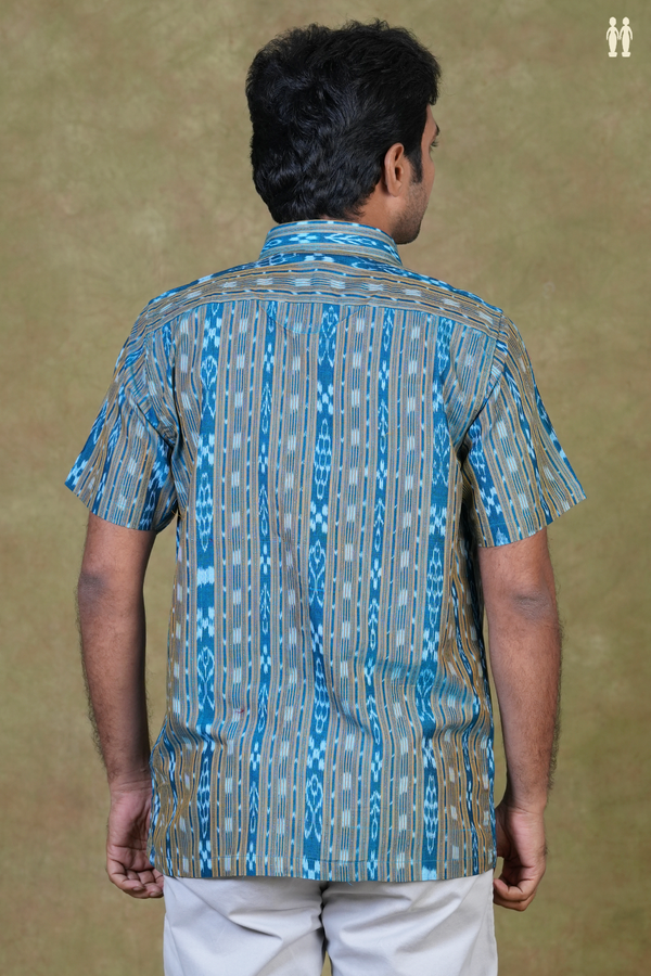 Regular Collar Ikat Design Blue Cotton Shirt