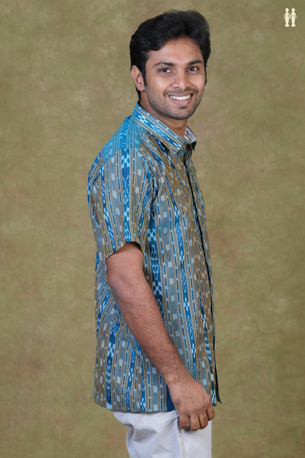 Regular Collar Ikat Design Blue Cotton Shirt
