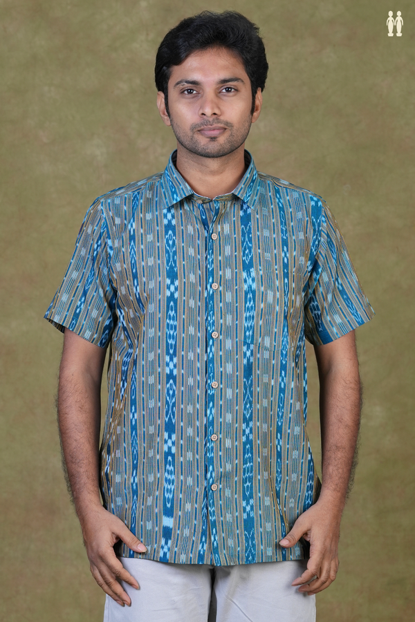 Regular Collar Ikat Design Blue Cotton Shirt