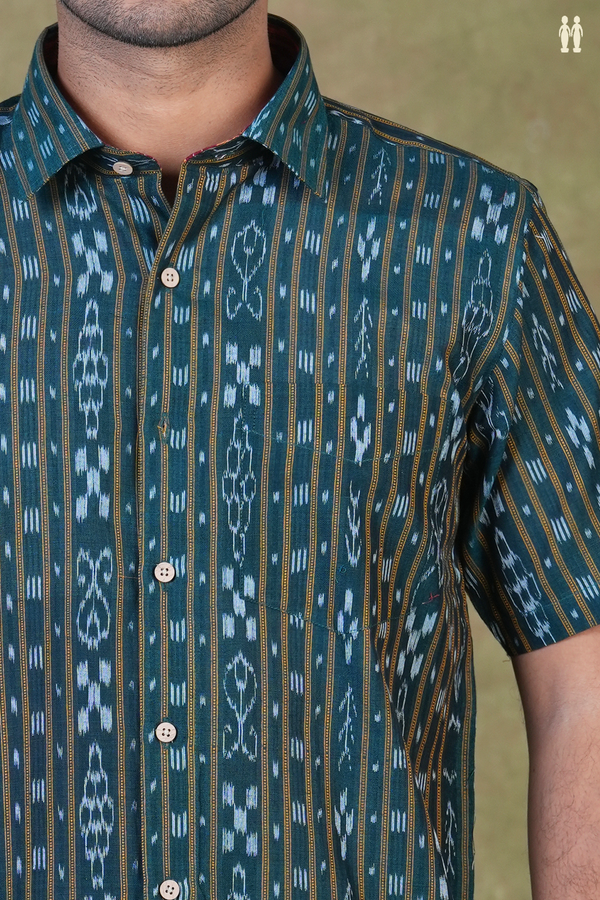 Regular Collar Printed Design Green Cotton Shirt