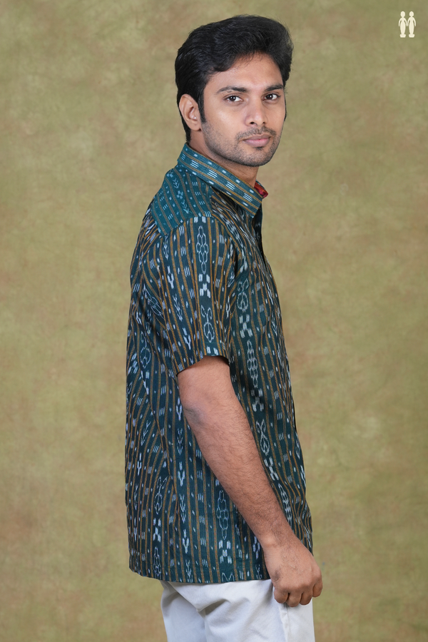 Regular Collar Printed Design Green Cotton Shirt