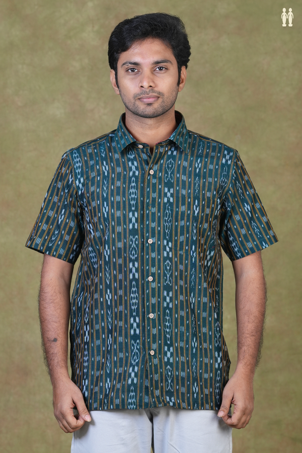Regular Collar Printed Design Green Cotton Shirt