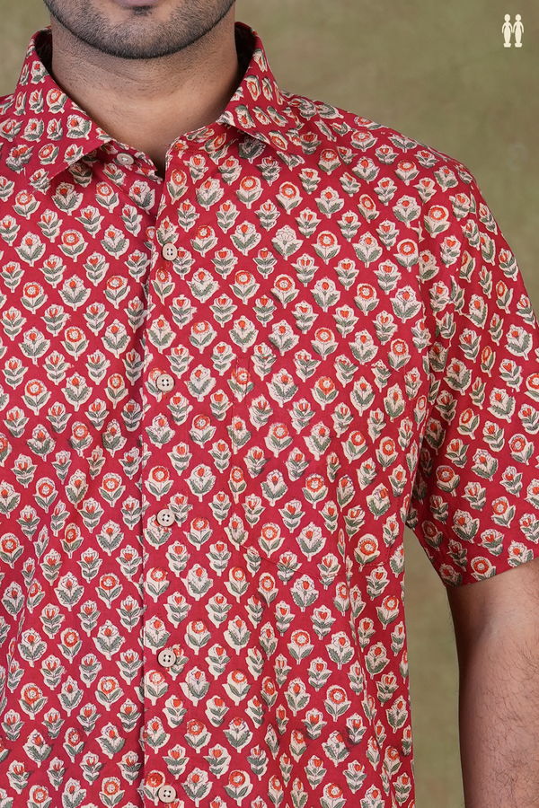 Regular Collar Printed Design Red Cotton Shirt