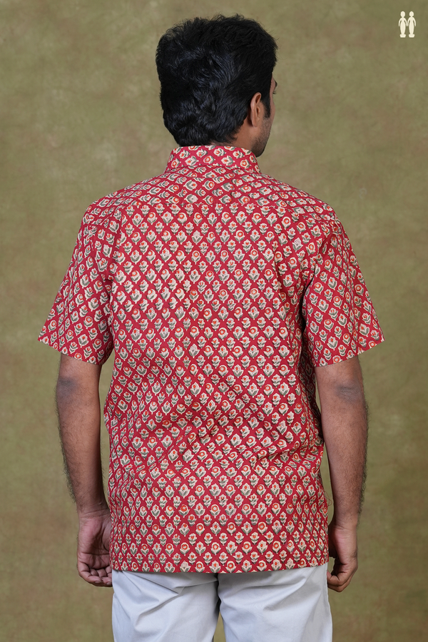 Regular Collar Printed Design Red Cotton Shirt