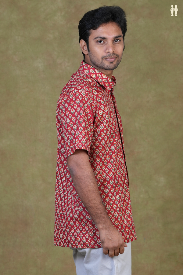 Regular Collar Printed Design Red Cotton Shirt
