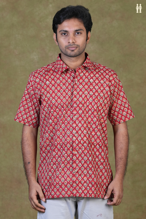 Regular Collar Printed Design Red Cotton Shirt