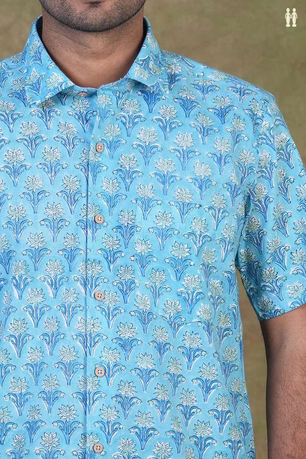 Regular Collar Printed Design Blue Cotton Shirt